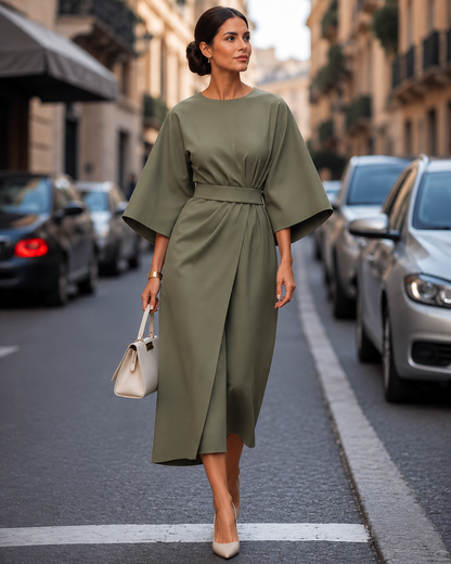 Women's Midi Wrap Dress – Belted with Batwing Sleeves