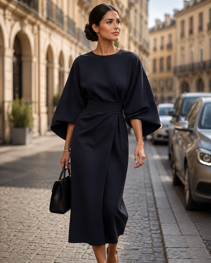 Women's Midi Wrap Dress – Belted with Batwing Sleeves