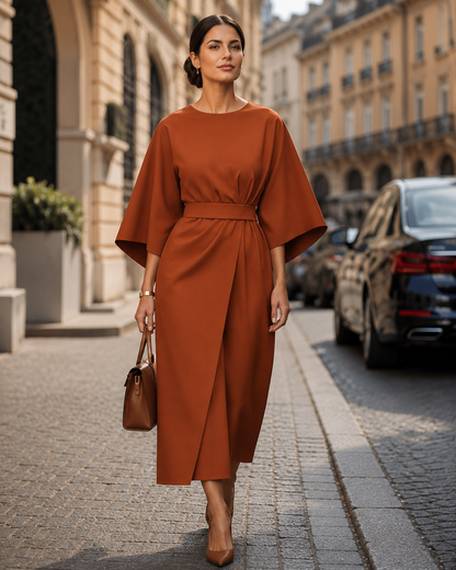 Women's Midi Wrap Dress – Belted with Batwing Sleeves