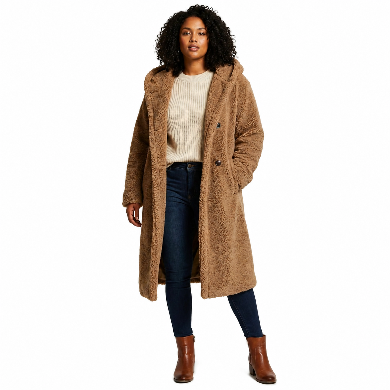 Women's Hooded Teddy Coat – Relaxed Fit with Button Closure