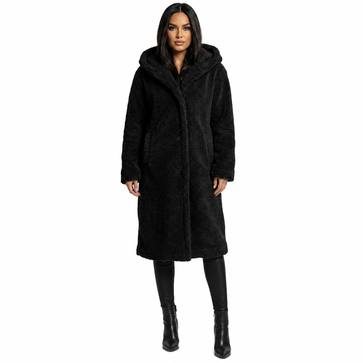 Women's Hooded Teddy Coat – Relaxed Fit with Button Closure