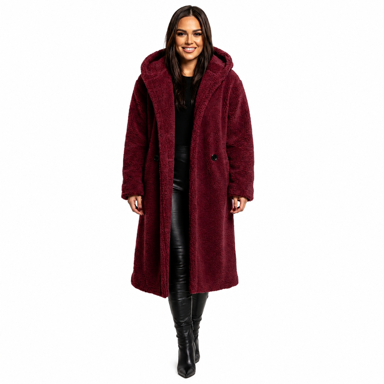 Women's Hooded Teddy Coat – Relaxed Fit with Button Closure