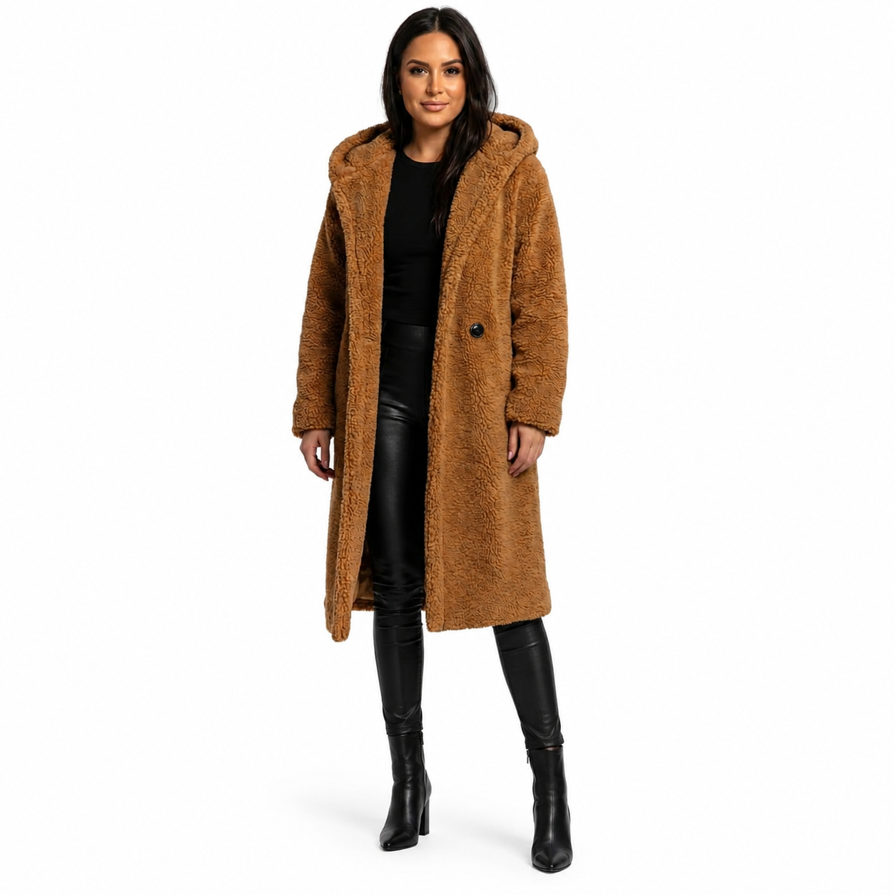 Women's Hooded Teddy Coat – Relaxed Fit with Button Closure