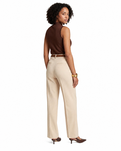 Women's Light Beige High-Waisted Straight-Leg Trousers – Hidden Front Zip Closure, Tailored Fit