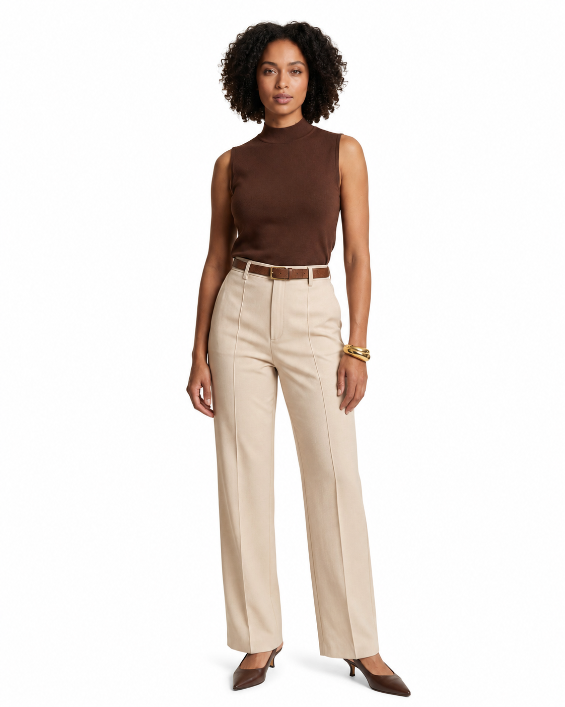 Women's Light Beige High-Waisted Straight-Leg Trousers – Hidden Front Zip Closure, Tailored Fit