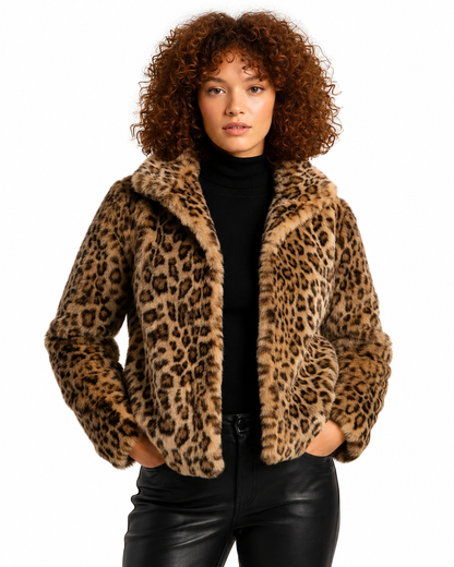 Women's Leopard Print Teddy Jacket – Relaxed Fit With Plush Fabric