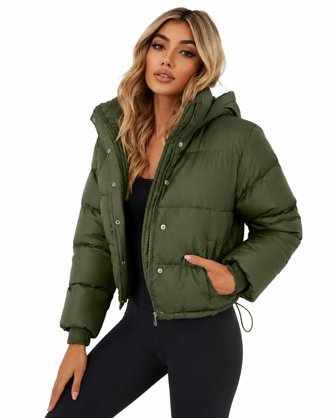 Women's Cropped Hooded Puffer Jacket – Quilted Design with Zip Closure