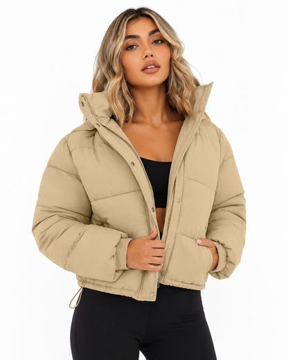 Women's Cropped Hooded Puffer Jacket – Quilted Design with Zip Closure