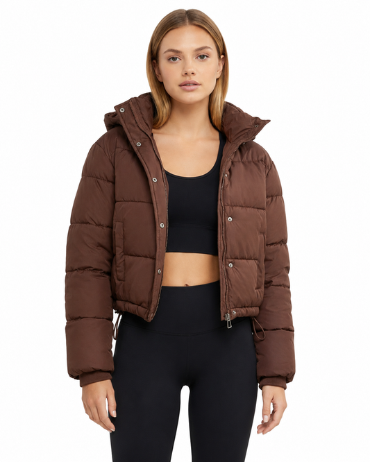 Women's Cropped Hooded Puffer Jacket – Quilted Design with Zip Closure
