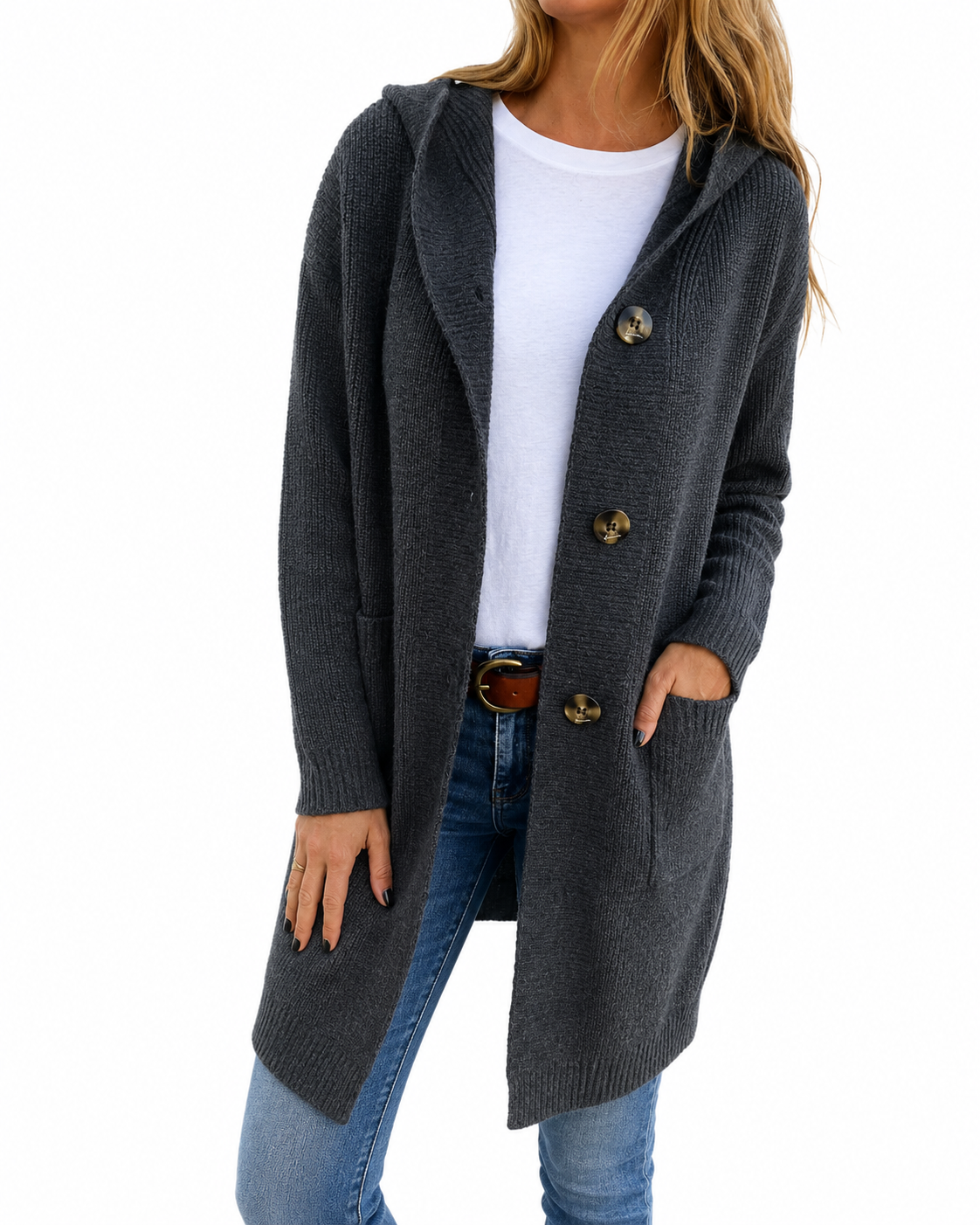 Women's Long Black Cardigan – Soft Fabric, Relaxed Fit