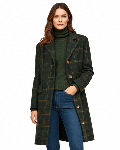 Women's Wool Blend Long Plaid Coat – Fitted Cut, Button Closure