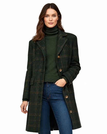 Women's Wool Blend Long Plaid Coat – Fitted Cut, Button Closure