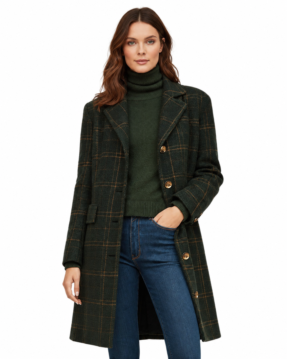 Women's Wool Blend Long Plaid Coat – Fitted Cut, Button Closure