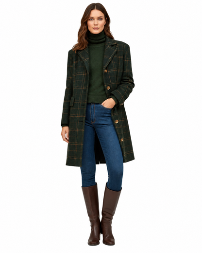 Women's Wool Blend Long Plaid Coat – Fitted Cut, Button Closure