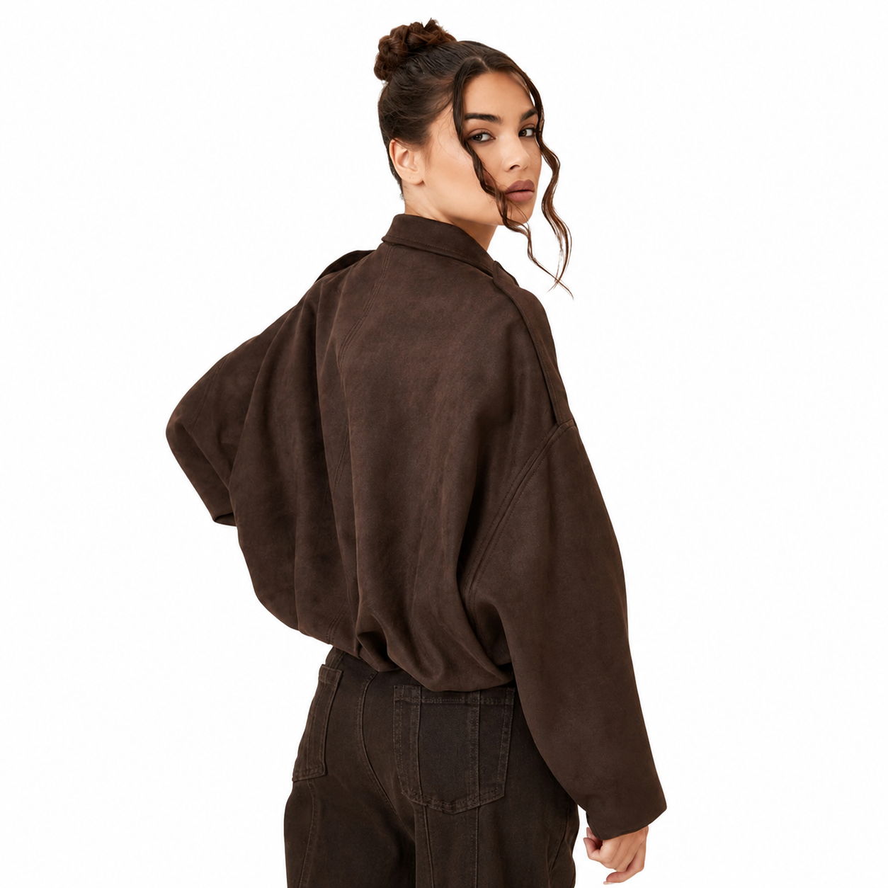 Women's Suede Bomber Jacket – Casual Shorter Cut, Pronounced Shoulders