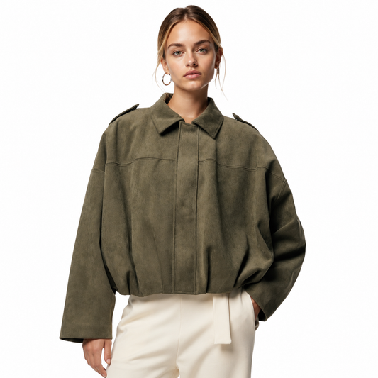 Women's Suede Bomber Jacket – Casual Shorter Cut, Pronounced Shoulders