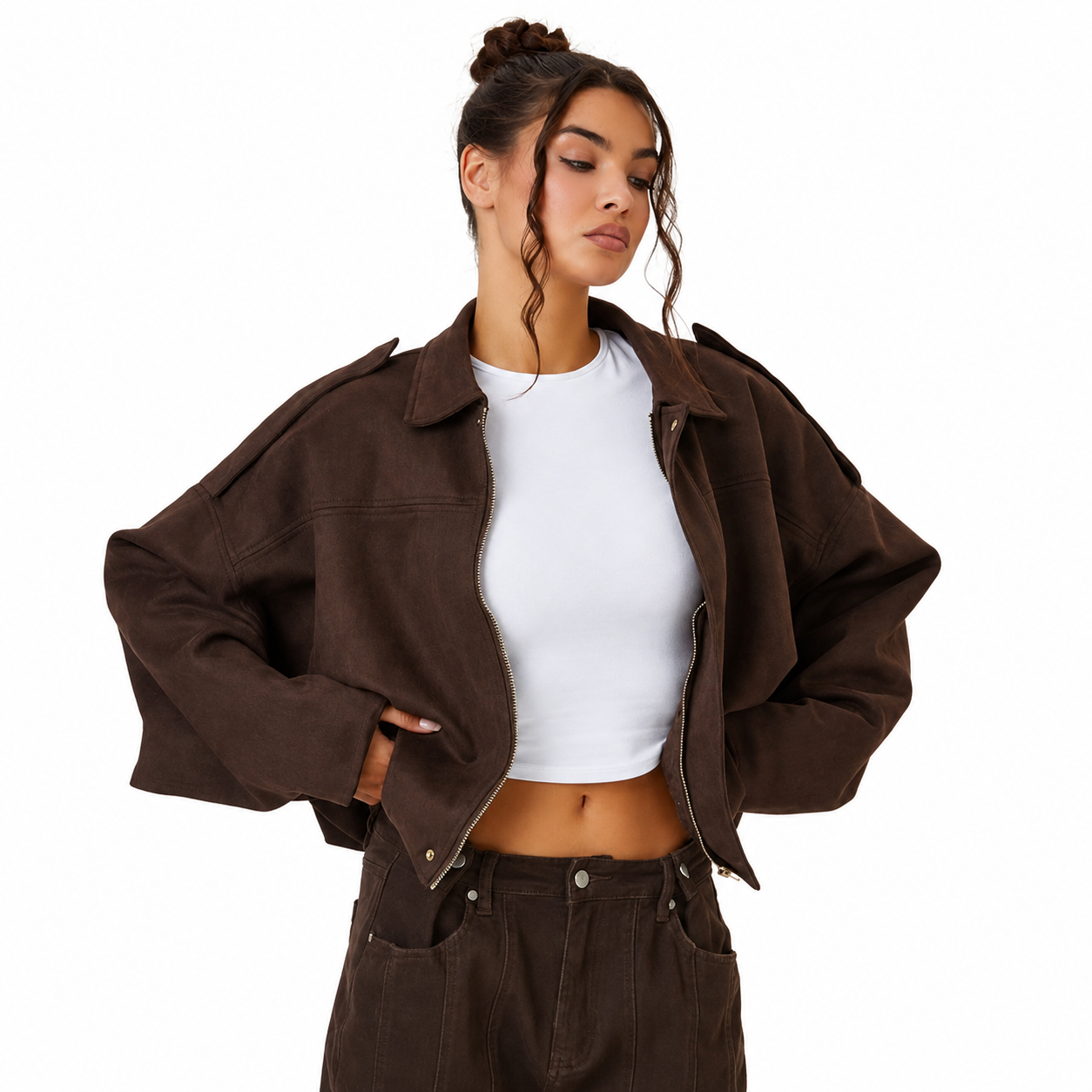 Women's Suede Bomber Jacket – Casual Shorter Cut, Pronounced Shoulders