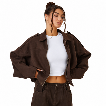 Women's Suede Bomber Jacket – Casual Shorter Cut, Pronounced Shoulders