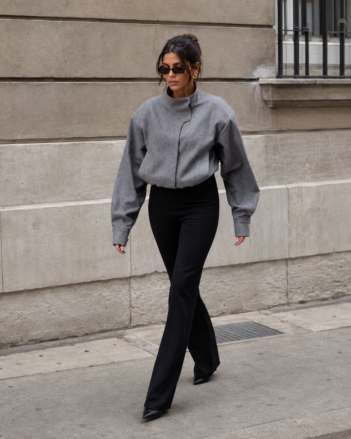 Women's Grey Woolen Short Jacket – Asymmetric Cropped Design