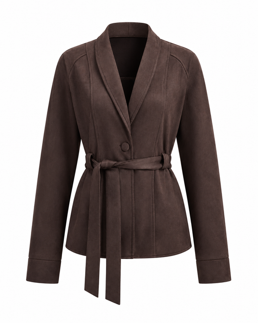 Women's Suede Effect Jacket – Belted Shawl Collar – Regular Fit, Long Sleeve