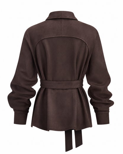 Women's Suede Effect Jacket – Belted Shawl Collar – Regular Fit, Long Sleeve