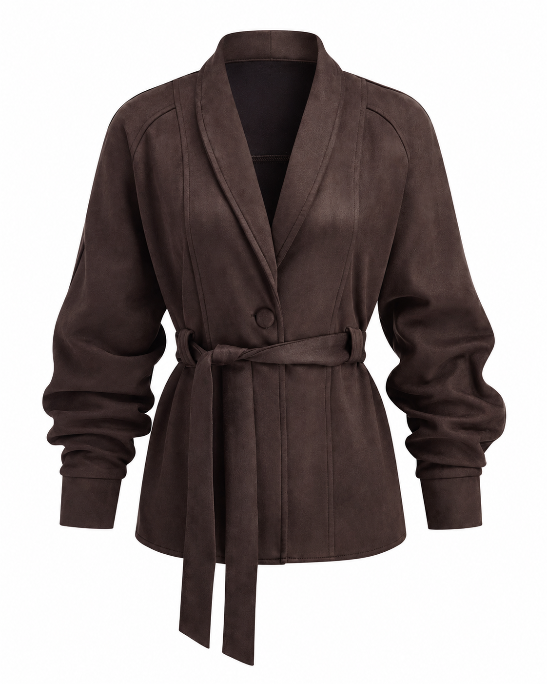 Women's Suede Effect Jacket – Belted Shawl Collar – Regular Fit, Long Sleeve