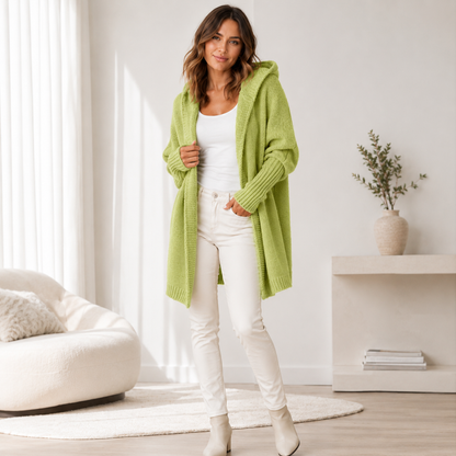 Women's Long Oversized Hooded Cardigan – Soft Fabric with Batwing Sleeves