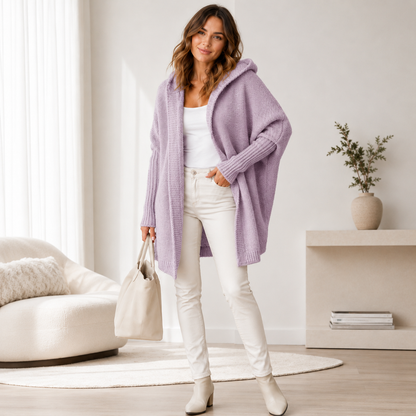 Women's Long Oversized Hooded Cardigan – Soft Fabric with Batwing Sleeves