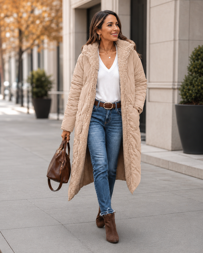 Women's Long Winter Coat – Double-Sided with Teddy Lining