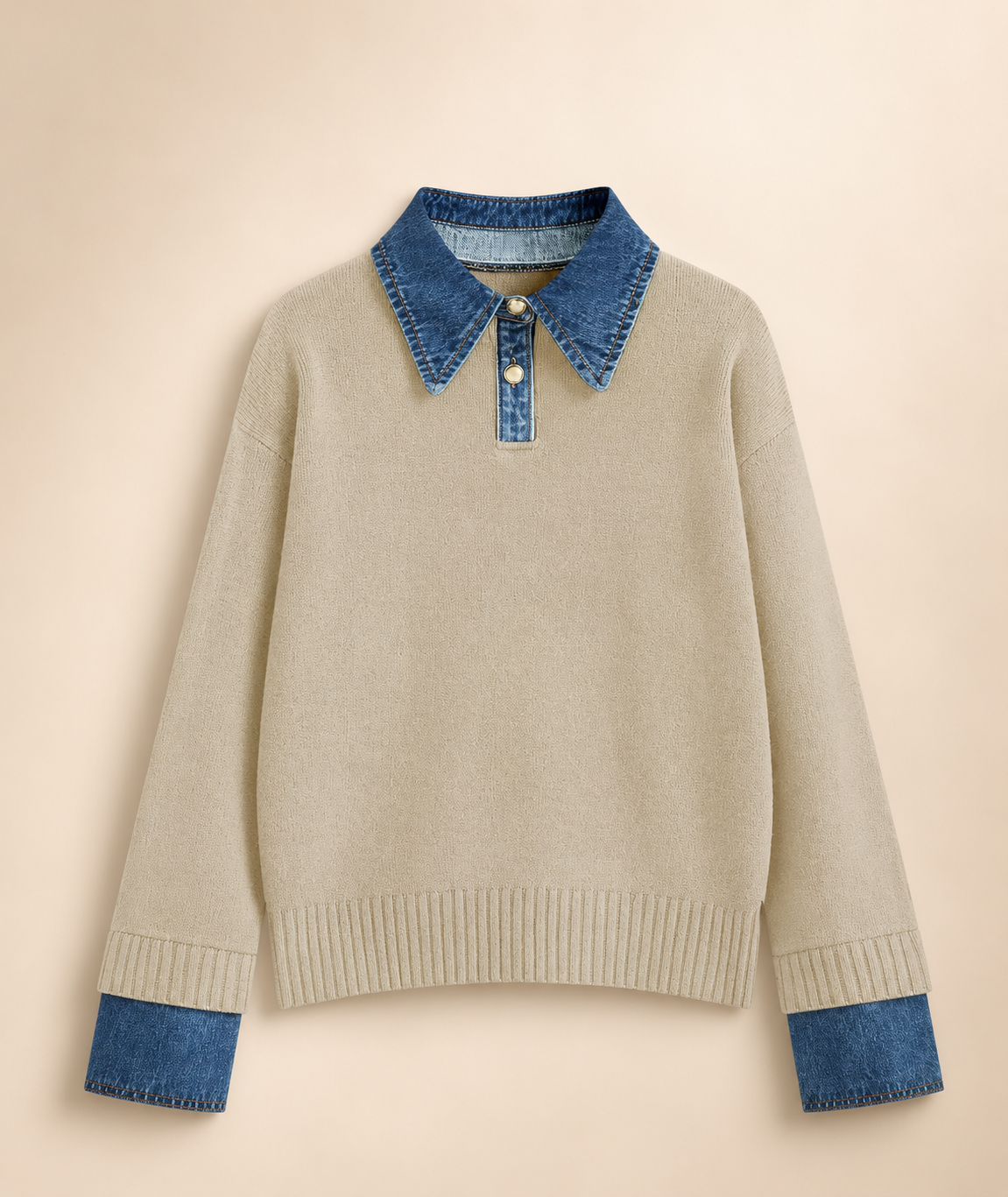Women's Soft Stretch Knit Polo Sweater – Relaxed Fit with Denim Collar and Ribbed Trim