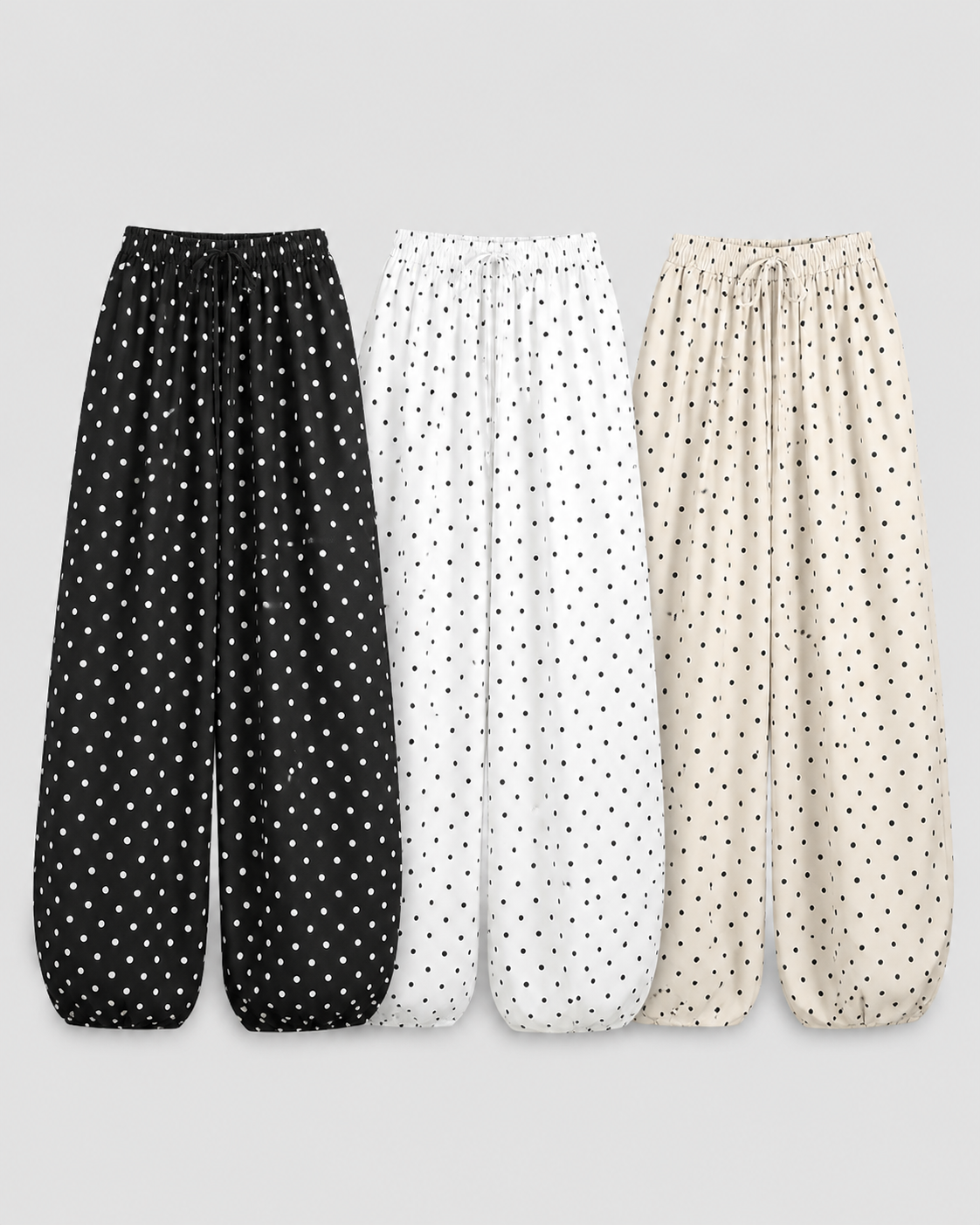 Women's Breathable Linen Wide Leg Pants – Polka Dot Pattern with Elastic Waist