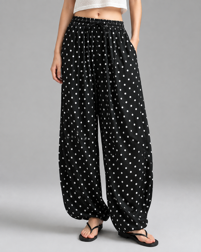 Women's Breathable Linen Wide Leg Pants – Polka Dot Pattern with Elastic Waist