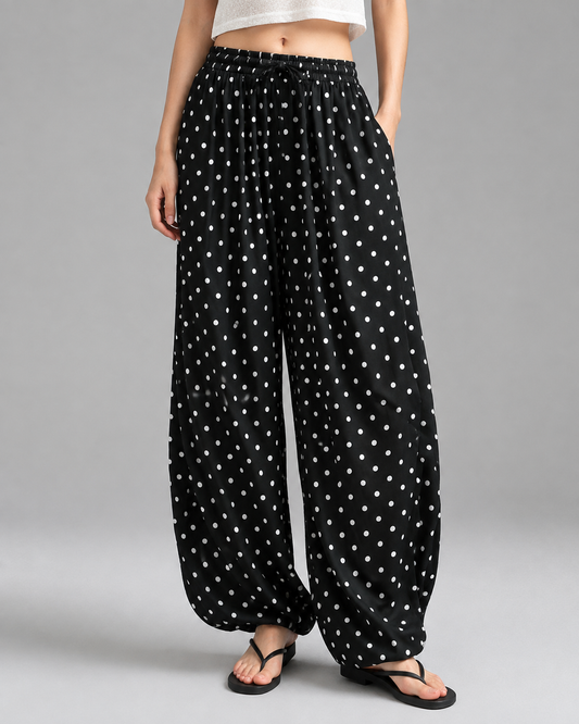 Women's Breathable Linen Wide Leg Pants – Polka Dot Pattern with Elastic Waist
