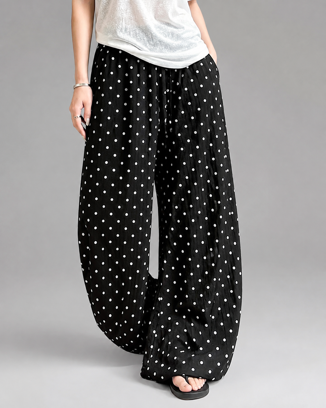 Women's Breathable Linen Wide Leg Pants – Polka Dot Pattern with Elastic Waist