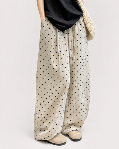Women's Breathable Linen Wide Leg Pants – Polka Dot Pattern with Elastic Waist