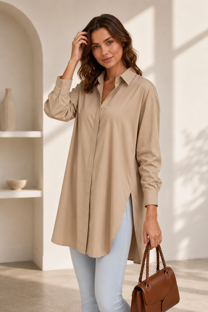 Women's Oversized Button Shirt Dress – Knee-Length with Adjustable Side Slit