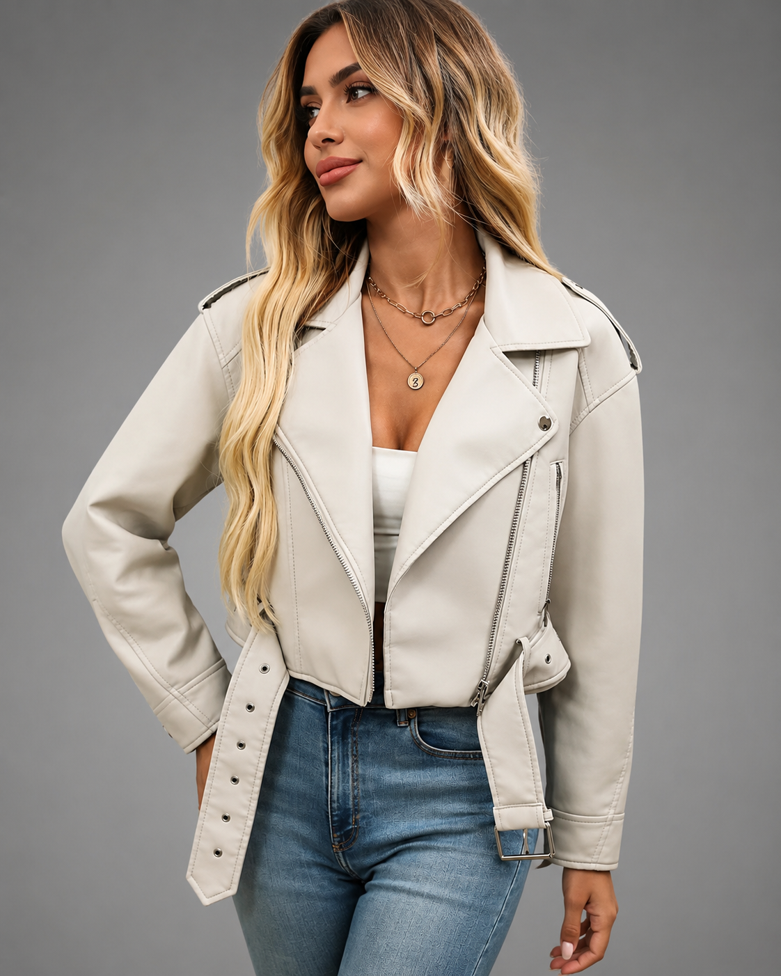 Women's Faux Leather Short Motorcycle Jacket – Belted with Zipper Lapel