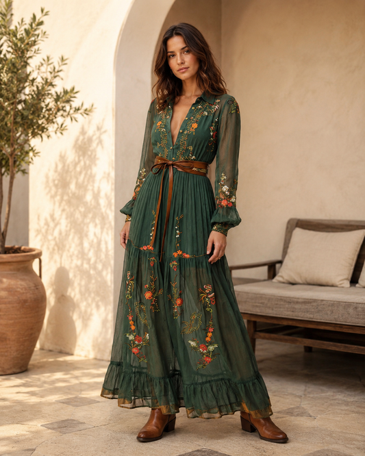 Women's Lightweight Maxi Dress – Deep V-Neckline with Soft Long Sleeves