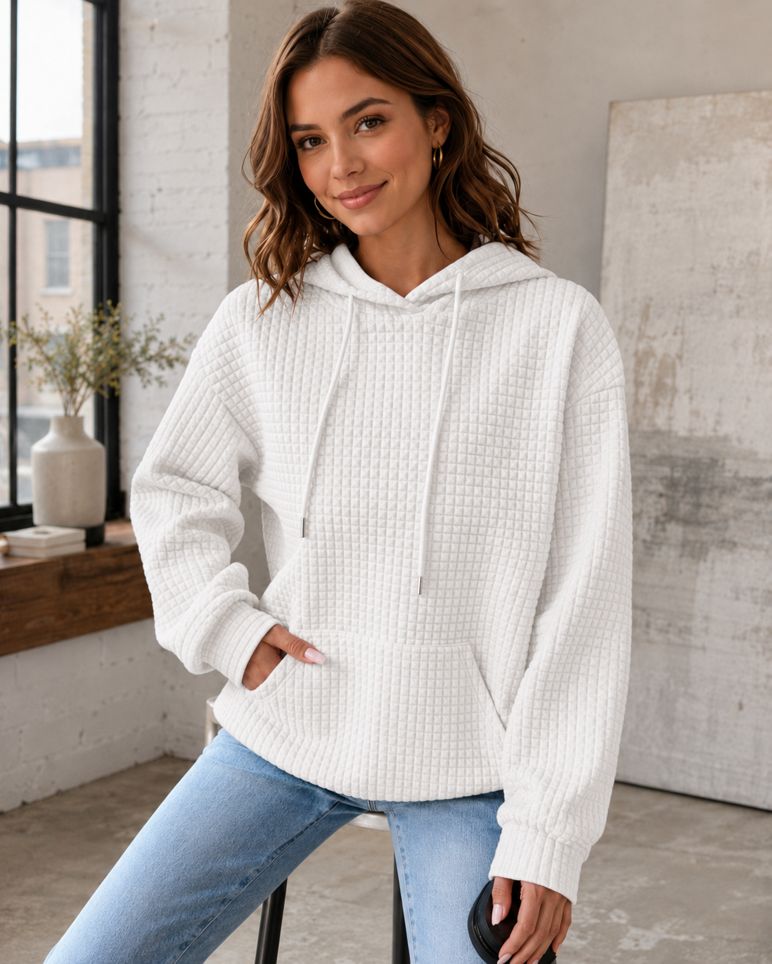 Women's Cotton-Poly Waffle Knit Hoodie Sweater – Relaxed Fit