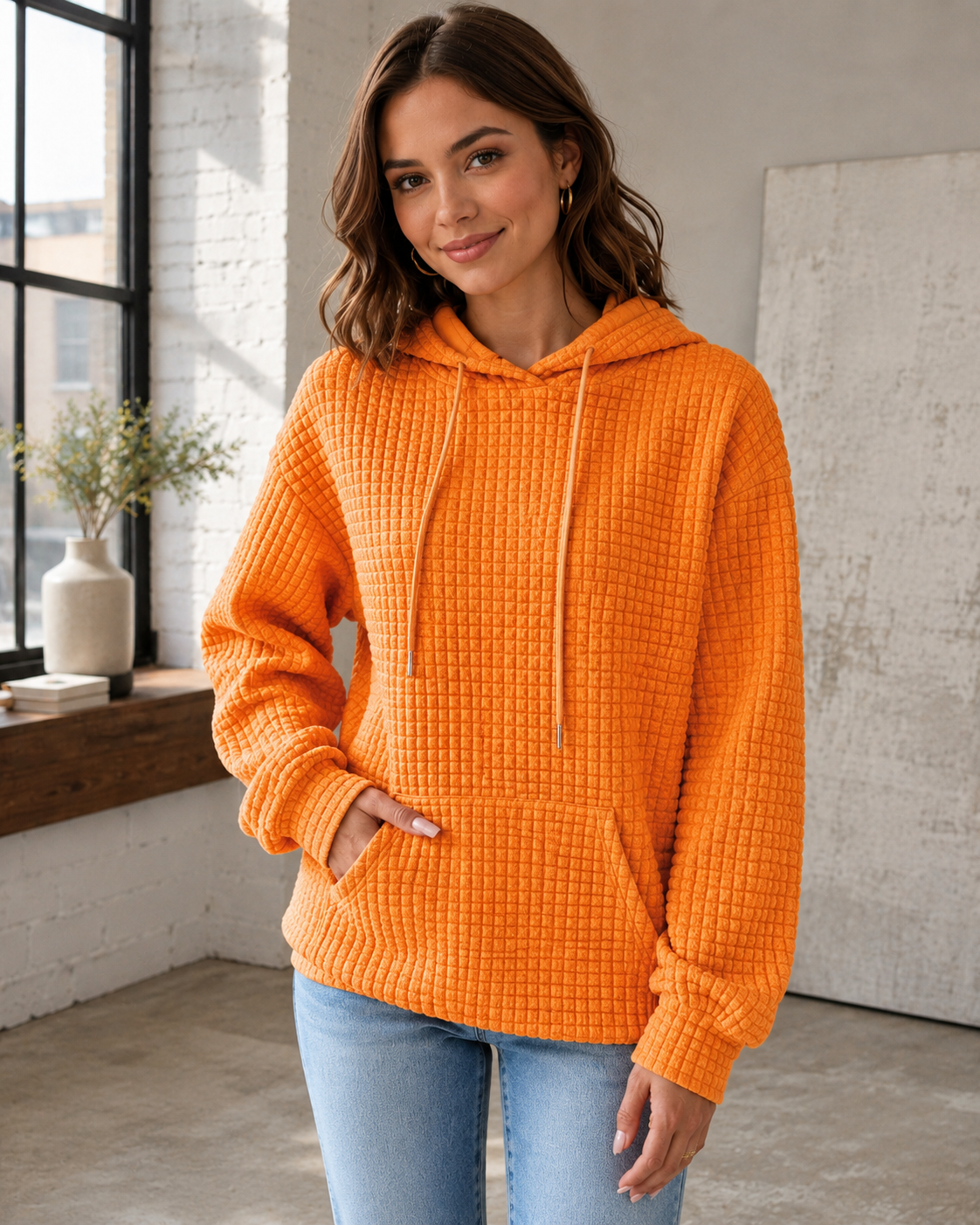 Women's Cotton-Poly Waffle Knit Hoodie Sweater – Relaxed Fit