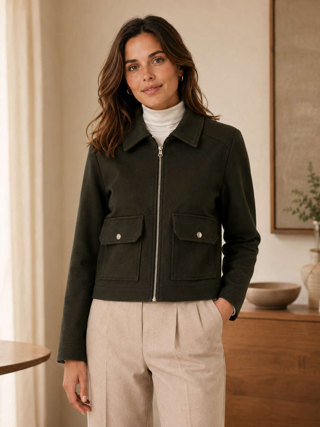 Women's Cropped Jacket – Clean Tailoring with Utility Detailing – Button-Front Closure