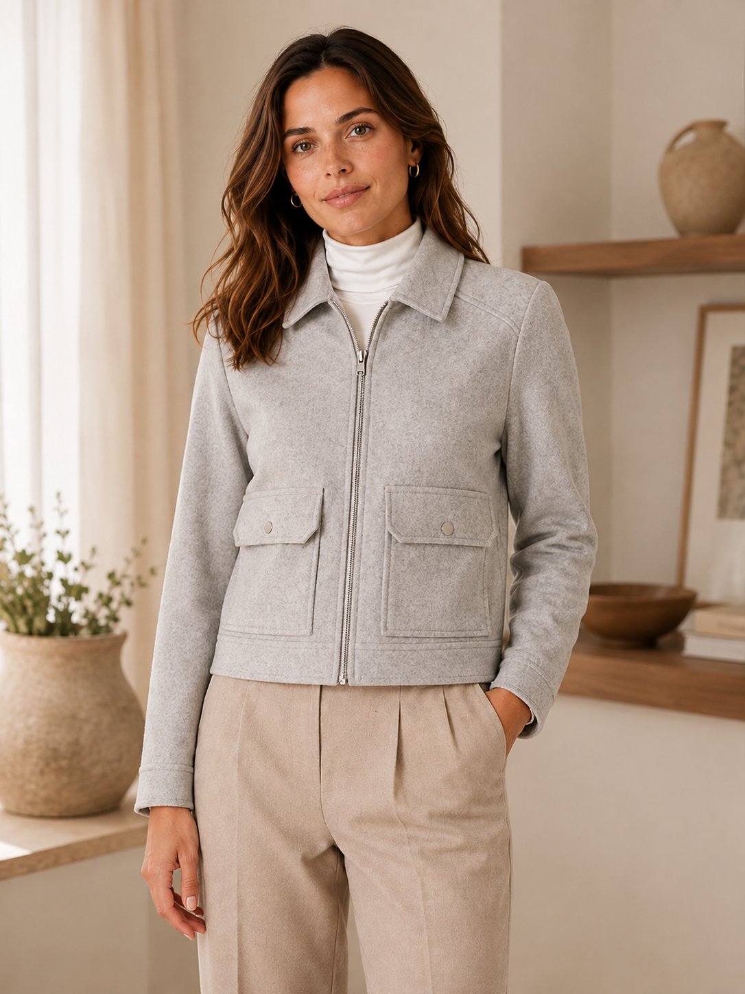 Women's Cropped Jacket – Clean Tailoring with Utility Detailing – Button-Front Closure