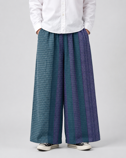 Men's  Plaid Patchwork Joggers – Elastic Waist Wide Leg Design