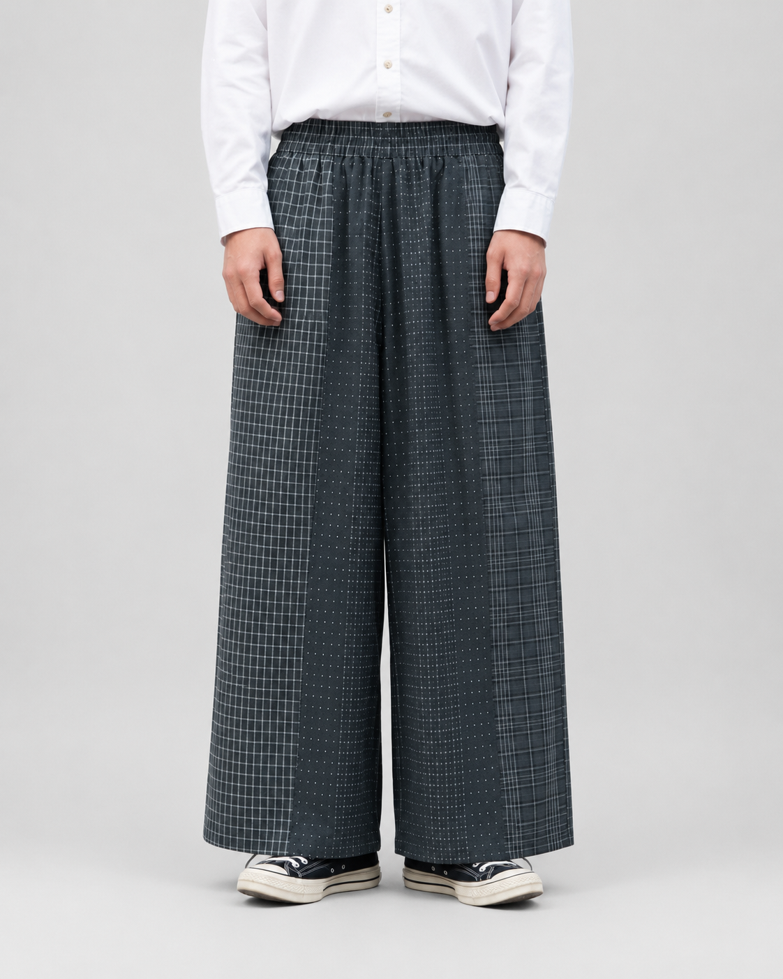Men's  Plaid Patchwork Joggers – Elastic Waist Wide Leg Design