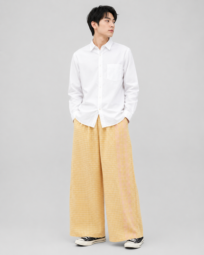 Men's  Plaid Patchwork Joggers – Elastic Waist Wide Leg Design