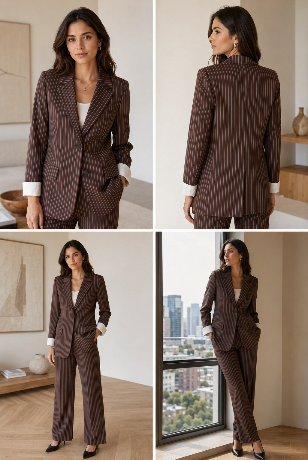 Women's Brown Pinstripe Blazer – Tailored Fit with Notched Lapel and Contrast Cuffs