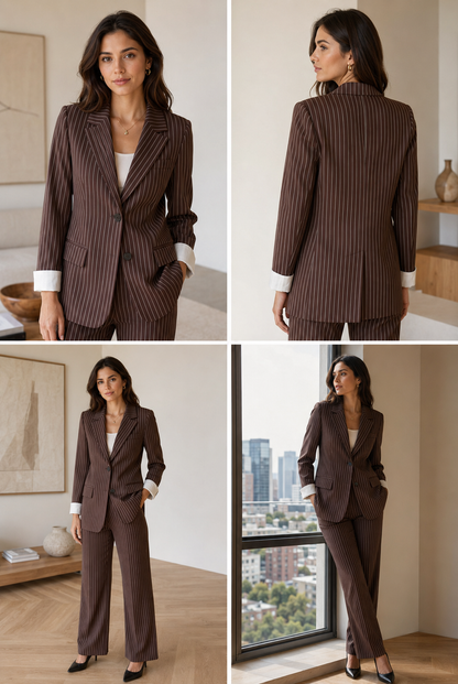 Women's Brown Pinstripe Blazer – Tailored Fit with Notched Lapel and Contrast Cuffs