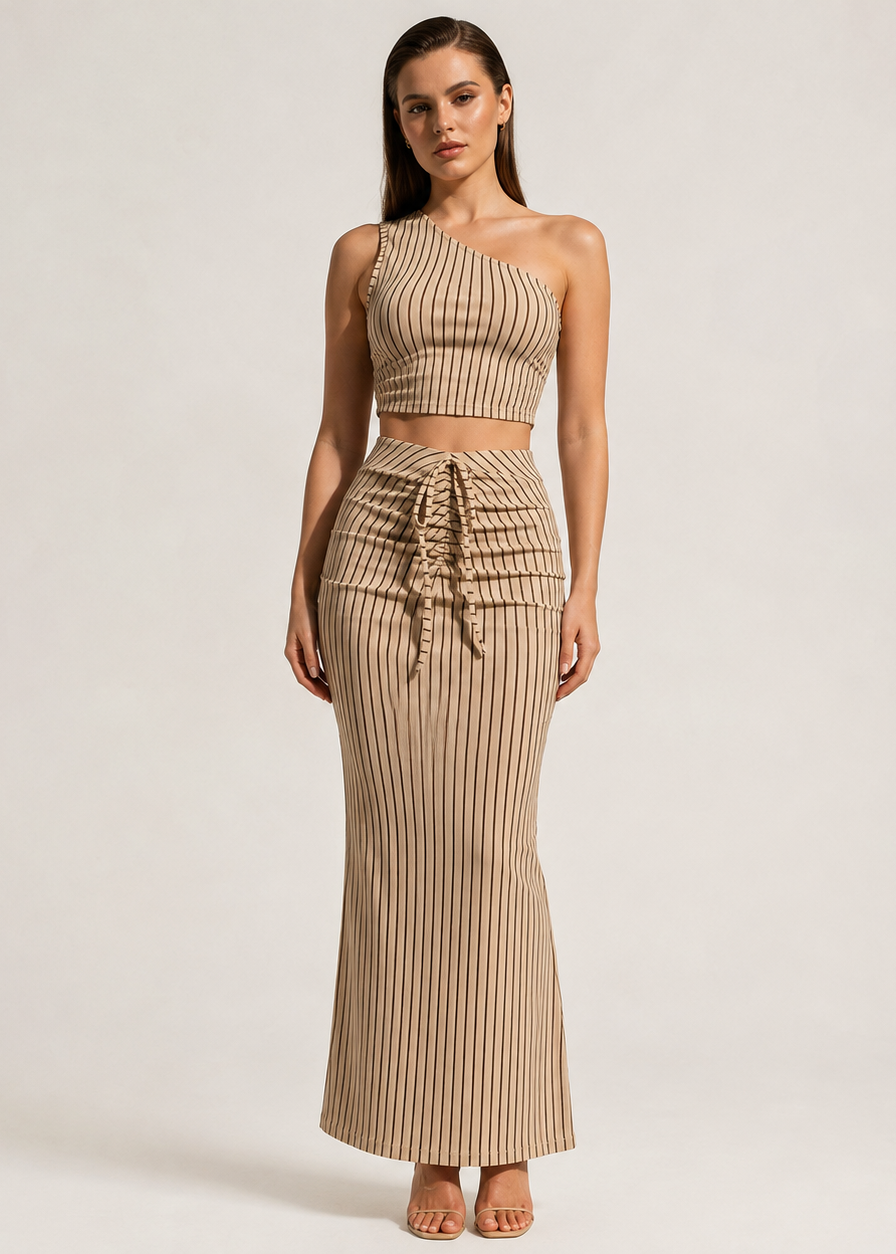 Women's Vertical Stripe Two-Piece Set – Asymmetrical Crop Top with High-Waisted Maxi Skirt – Adjustable Drawstring Waist