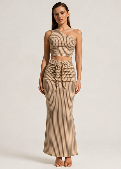 Women's Vertical Stripe Two-Piece Set – Asymmetrical Crop Top with High-Waisted Maxi Skirt – Adjustable Drawstring Waist