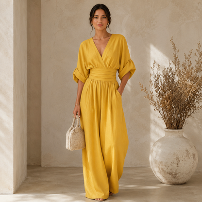 Women's Wide-Leg Linen Jumpsuit – Deep V-Neckline with Cinched Waist
